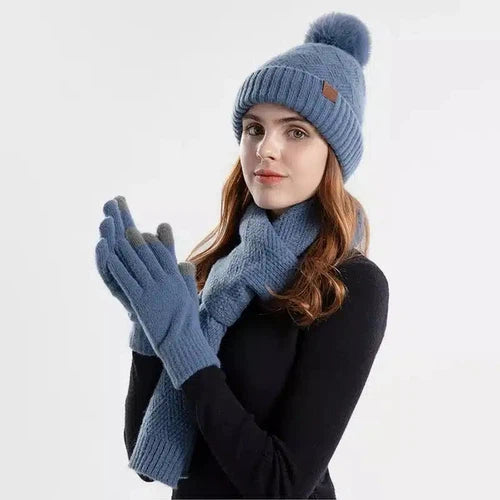 3pcs/set Winter Beanie Hat Scarf Touchscreen Gloves Set