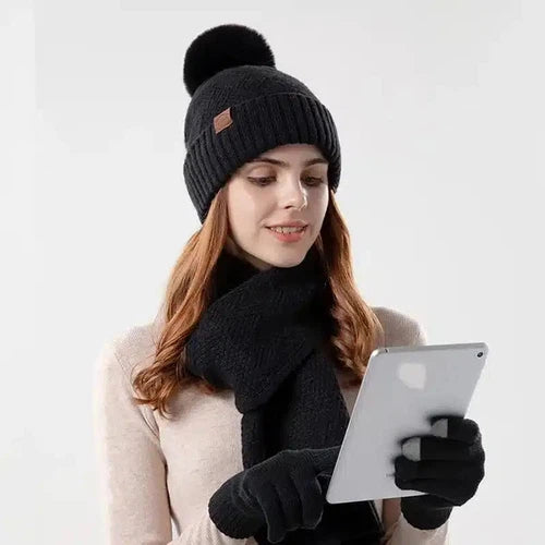 3pcs/set Winter Beanie Hat Scarf Touchscreen Gloves Set