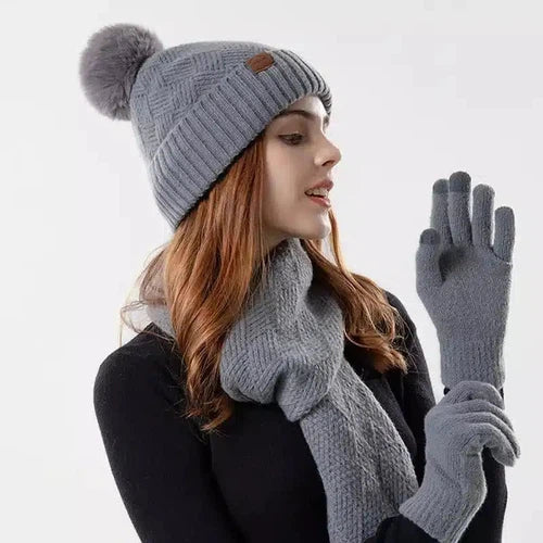 3pcs/set Winter Beanie Hat Scarf Touchscreen Gloves Set