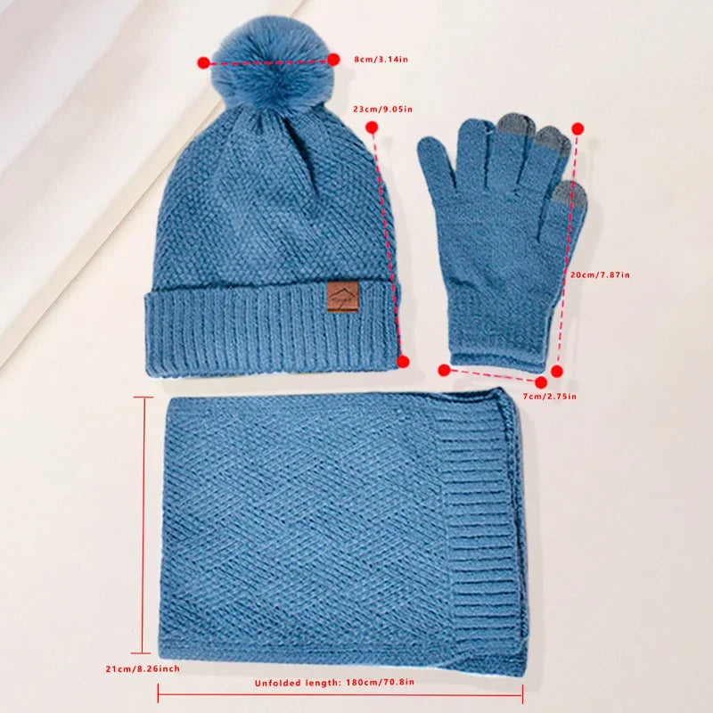 3pcs/set Winter Beanie Hat Scarf Touchscreen Gloves Set