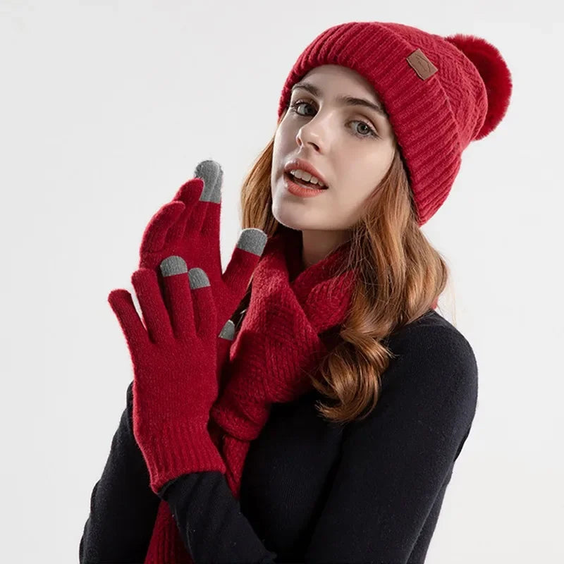 3pcs/set Winter Beanie Hat Scarf Touchscreen Gloves Set