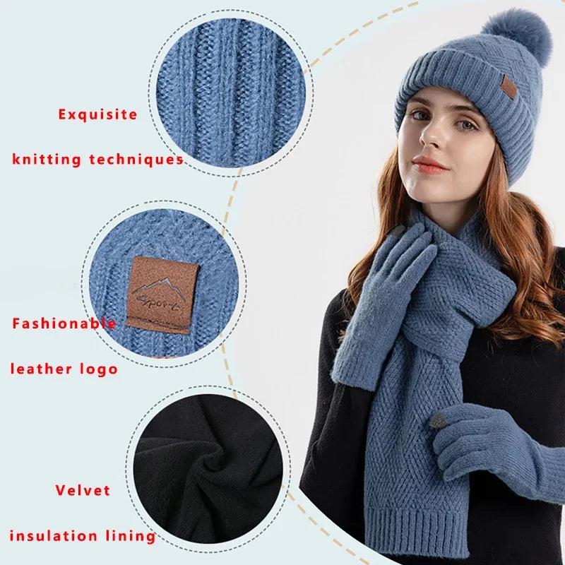 3pcs/set Winter Beanie Hat Scarf Touchscreen Gloves Set